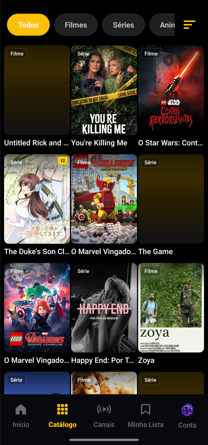 Catálogo do Omnicine no celular com filtros de Filmes, Séries e Animes