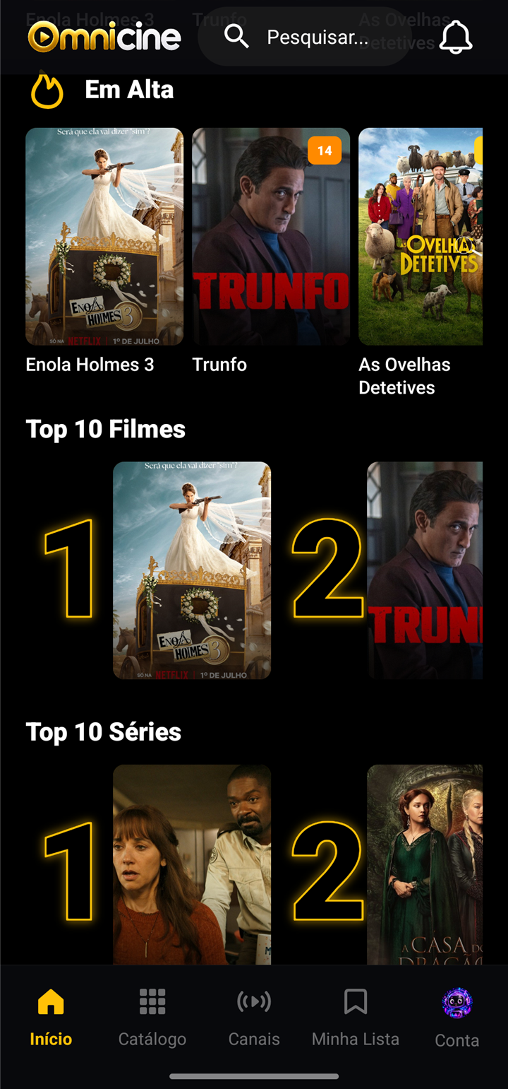 Início do Omnicine no celular com Em Alta e Top 10 de filmes e séries