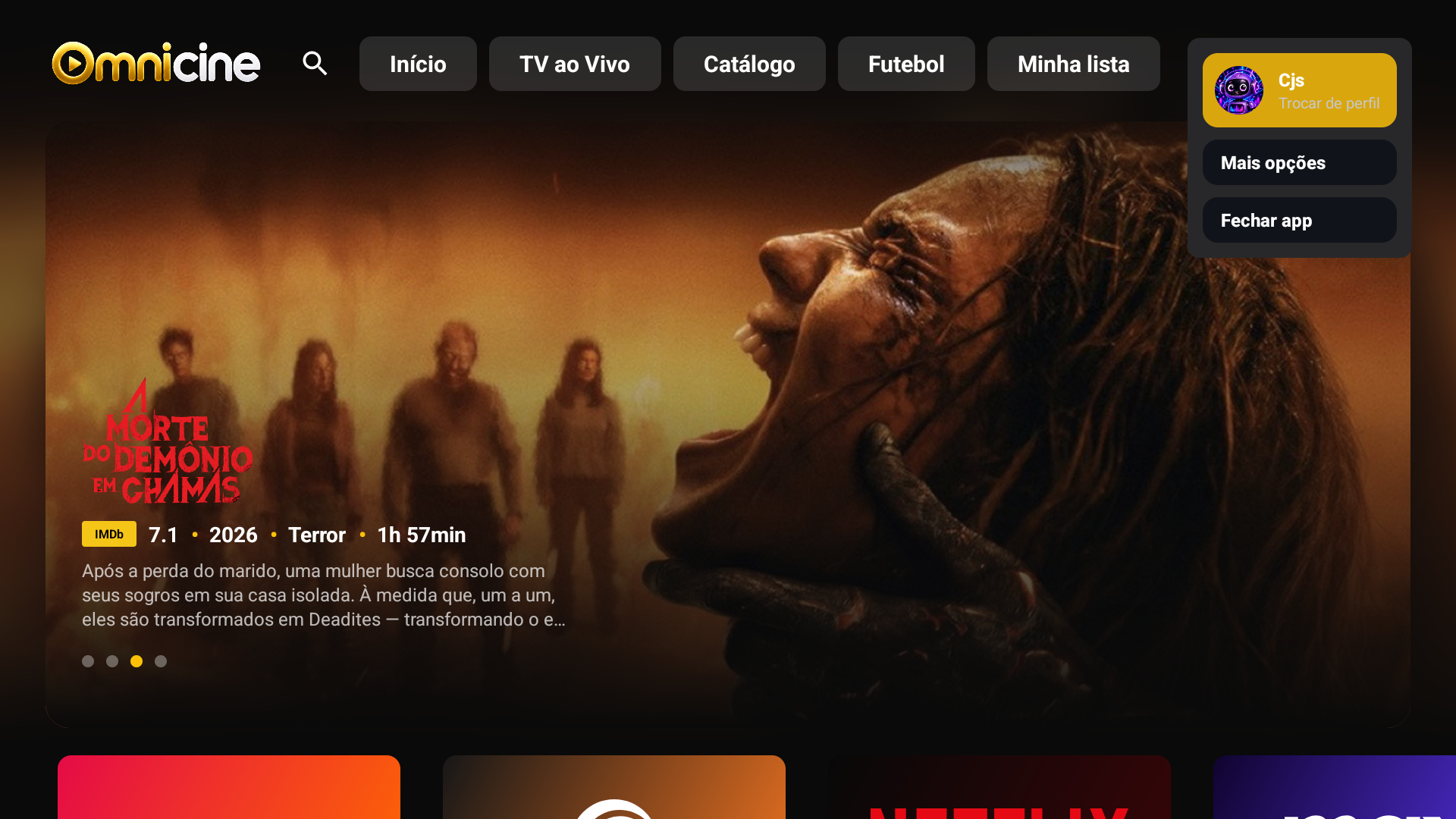 Tela inicial do Omnicine na TV, com destaque de filme e menu de navegação